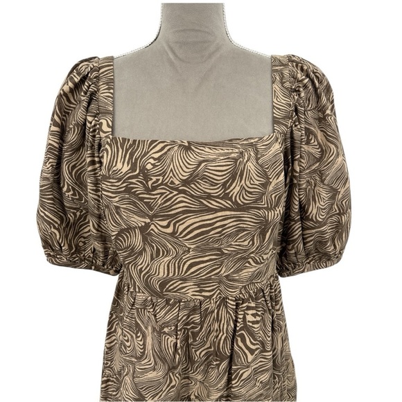 House of Harlow 1960 Puff Sleeve Printed Linen Blend Mini Dress - Brown - Medium - Picture 3 of 8